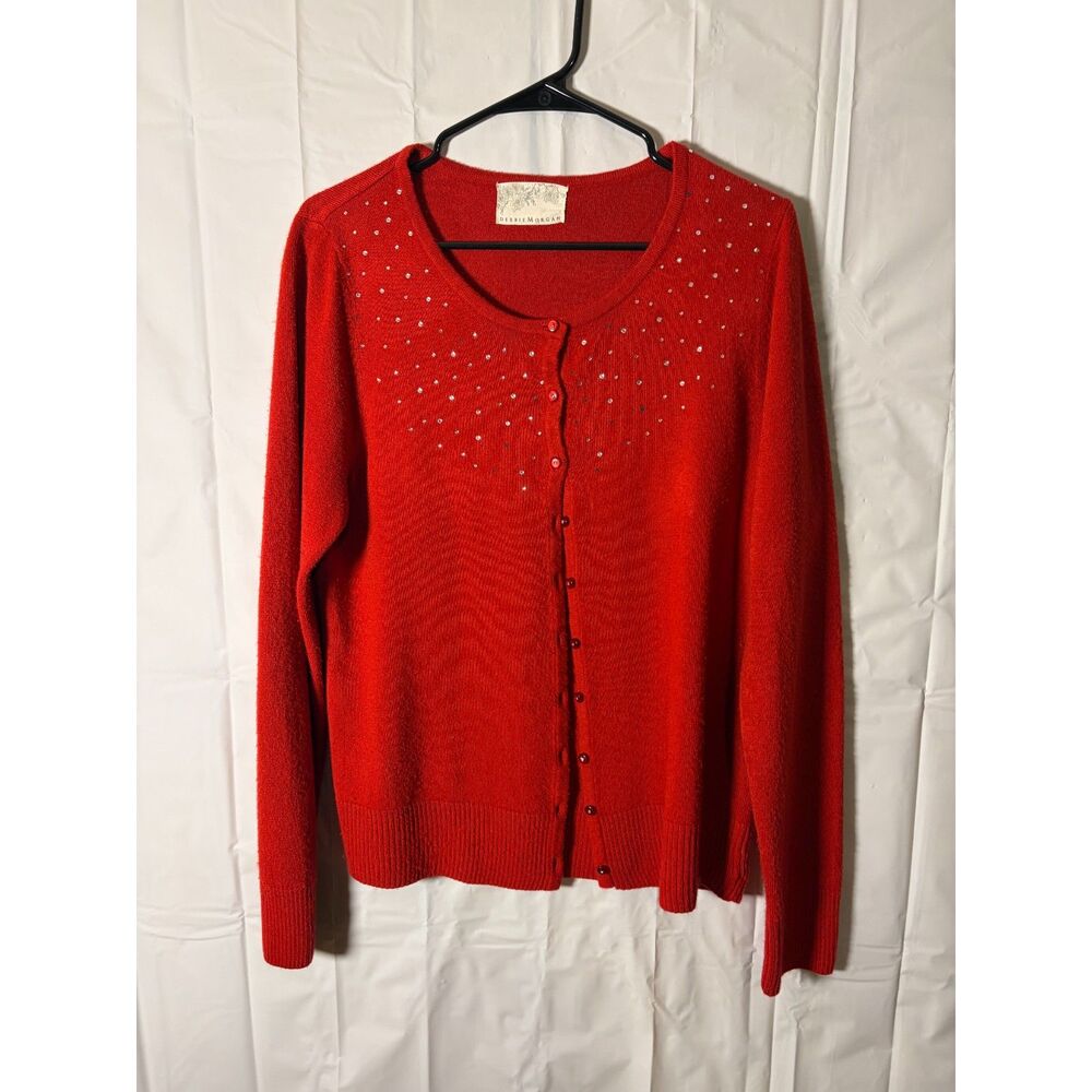 Debbie Morgan Red Rhinestone Cardigan Sweater Button Front Holiday Christmas